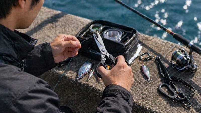 堤防で釣り人がラインを調整しながら、釣り用ハサミの使いやすさを確かめている様子
