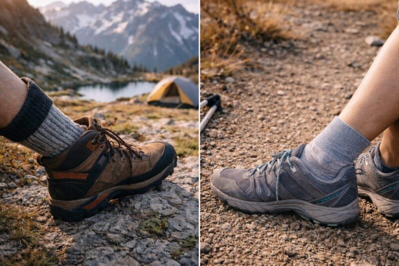 寒い山で厚手の靴下を履いた足元と、暖かい道で薄手の靴下を履いた足元の比較