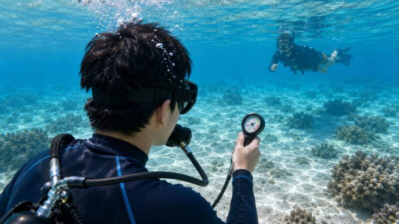 浅い海中で残圧計を確認しながらバディと泳ぐ利用者