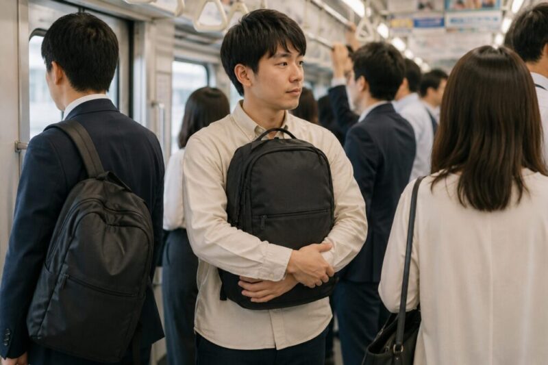 電車内でリュックを前に抱えて周囲との距離を意識する人物
