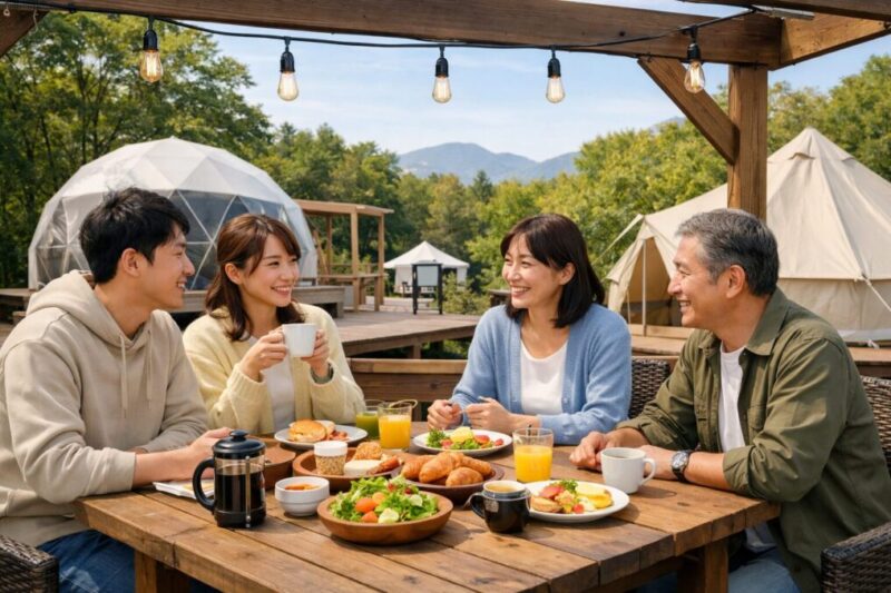朝食を囲みながら自然に会話しやすいグランピングの共有デッキ