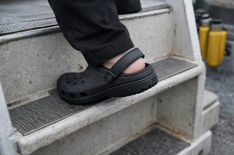 船の段差でストラップ付きサンダルの踵固定を示すイメージ