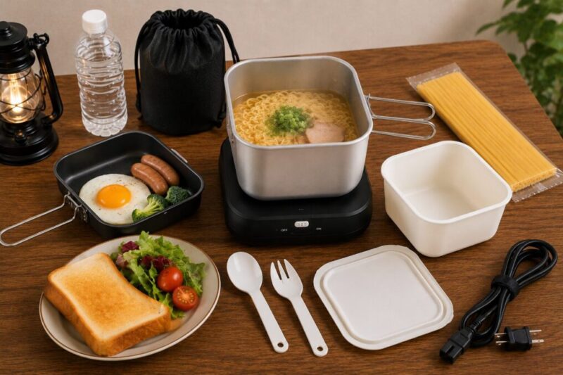 フライパン付きのトラベルクッカーで朝食やおかずを作る様子