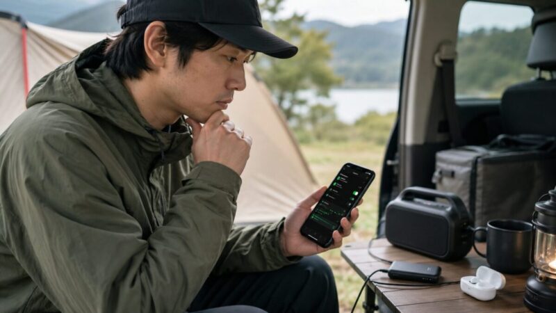 キャンプ中に男性がスマホの音楽設定とワイヤレスイヤホンの接続を確認している様子