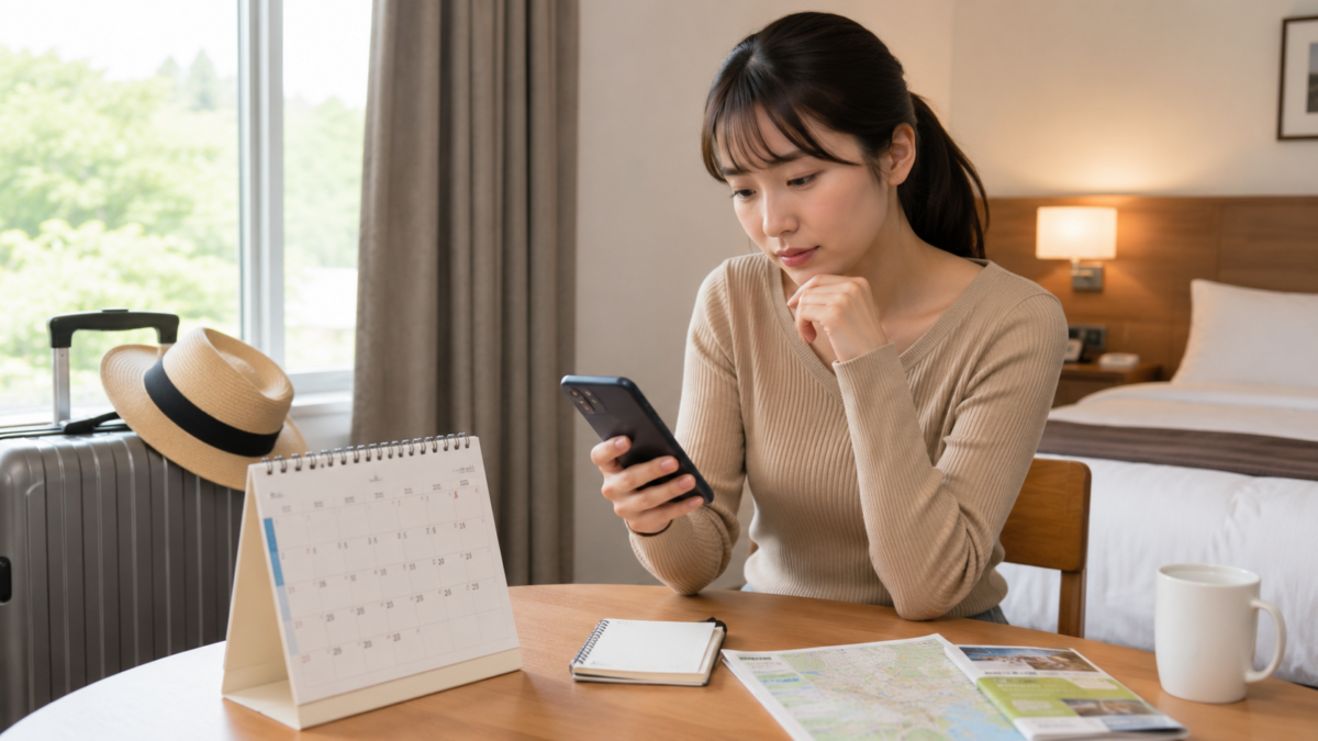 ホテル予約のキャンセル期限をスマホとカレンダーで確認する旅行者