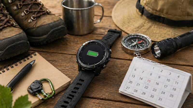 アウトドア用スマートウォッチとカレンダー、登山用品を並べて電池寿命の目安を表した写真。