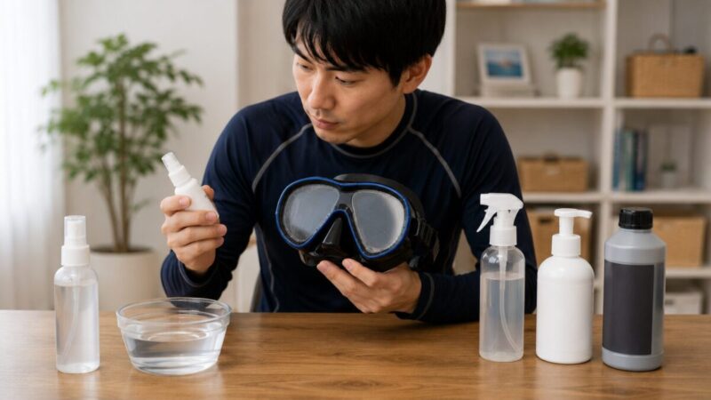 専用曇り止めと家庭用品による代用の可否を確認する男性