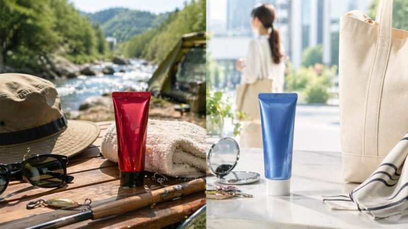 赤系の日焼け止め風チューブを外遊び用、青系の日焼け止め風チューブを日常用として比較したイメージ