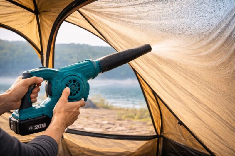 拭き取り後に送風してテント内部を乾かし撤収を時短するイメージ