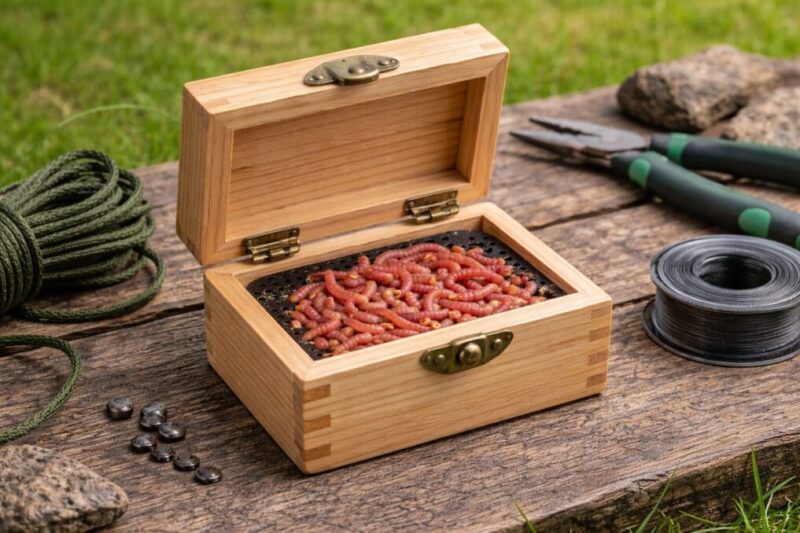 木製の釣り餌箱をアウトドアテーブルに置いたDIY向けイメージ