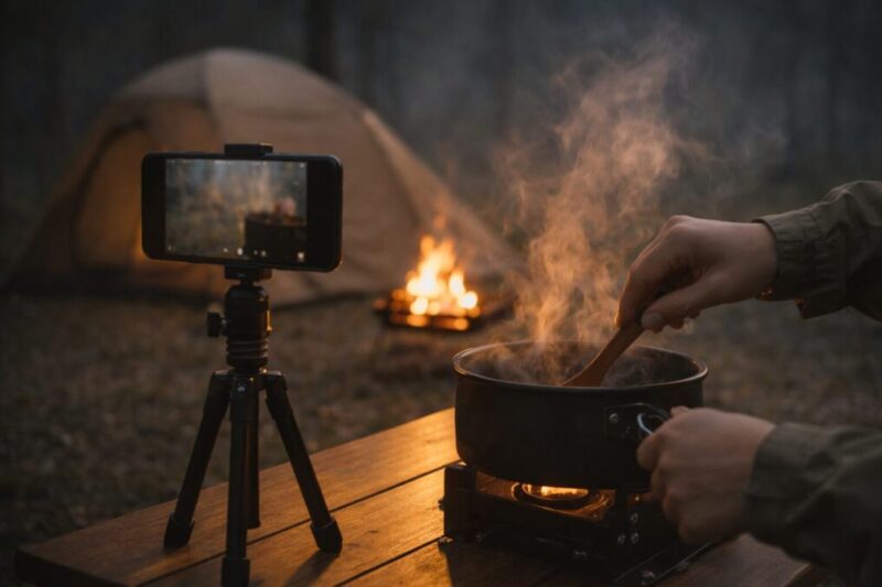 三脚のスマホで手元の調理と湯気を撮影しているソロキャンプ動画のイメージ