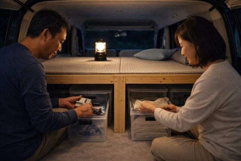 夫婦で使いやすい収納動線を考えた車中泊車内のイメージ