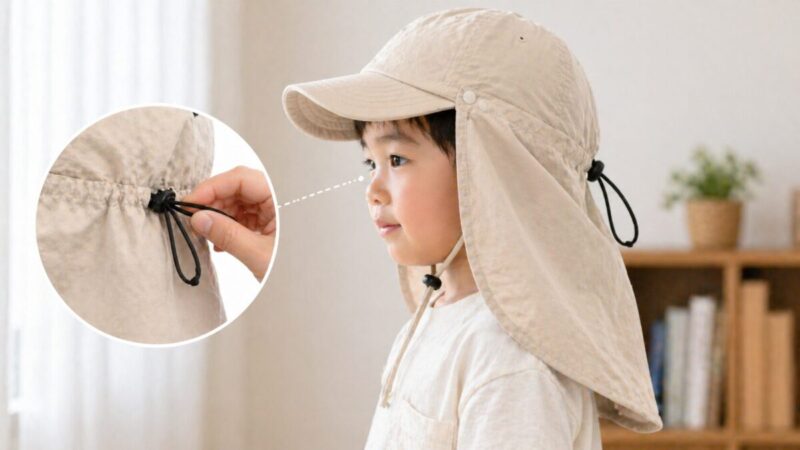 首日よけ付き帽子の後ろのコードを調整して固定する様子