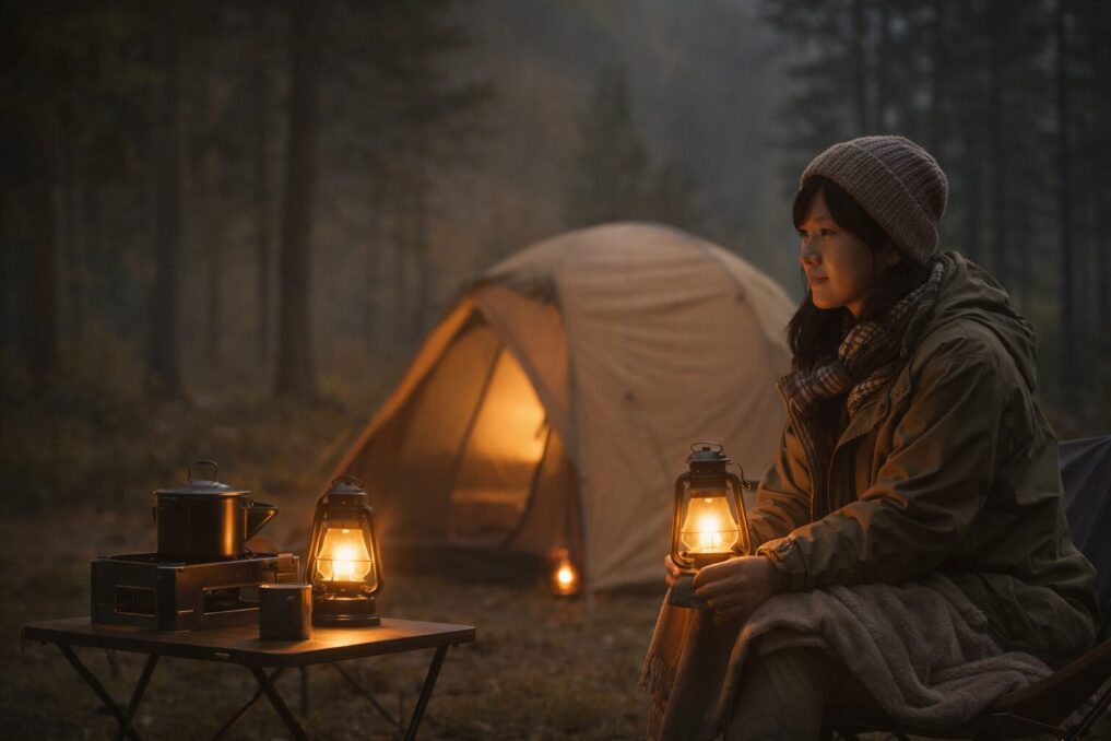 夕暮れのキャンプ場でランタンの灯りに包まれながらくつろぐソロキャンプの女性