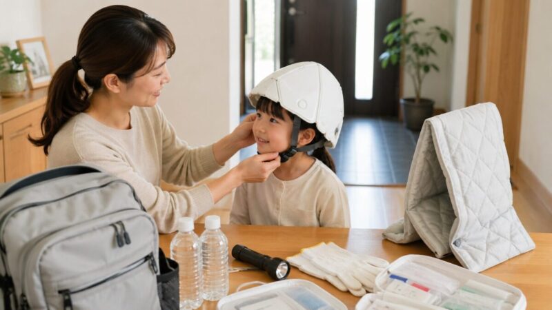 防災頭巾と防災ヘルメットを比べながら子どもに折りたたみ防災ヘルメットを装着しているイメージ