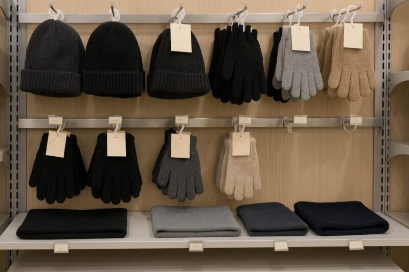 100均の衣料小物棚でネックウォーマーが置かれている売り場イメージ