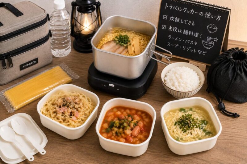 トラベルクッカーで麺料理を中心に楽しみながら、ご飯も用意している様子