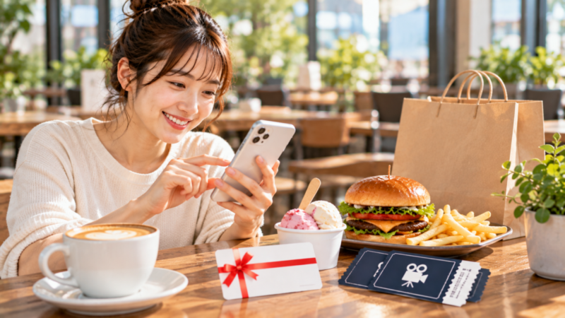 スマートフォンで飲食や映画などポイントの使い道を確認する女性