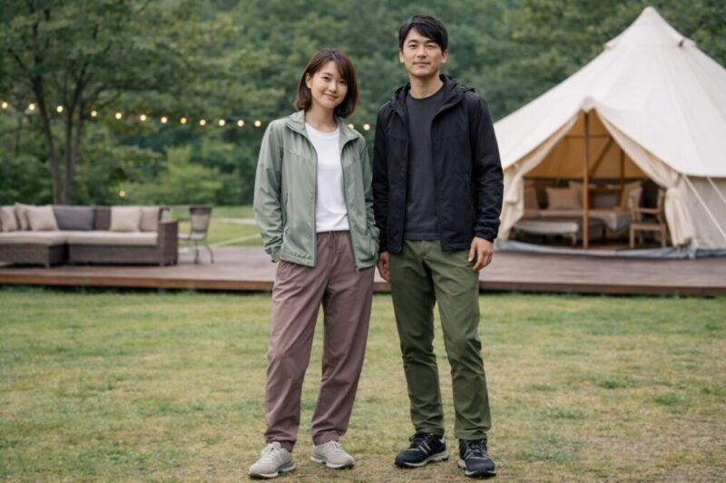 グランピング初心者向けの基本服装として軽アウターとロングパンツを合わせた外遊びコーデ