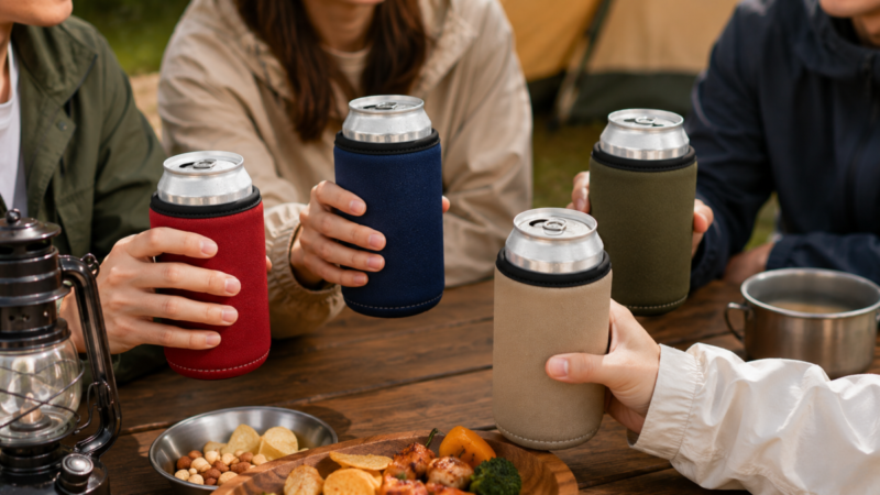色違いの布製缶ホルダーでキャンプ中の飲み物を見分けながら乾杯する様子