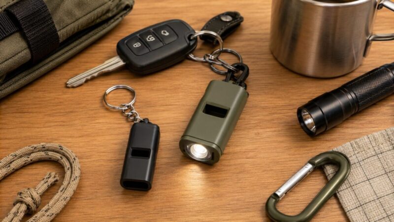 ライト付きやキーホルダー型のホイッスルを車中泊用の小物と並べたイメージ。
