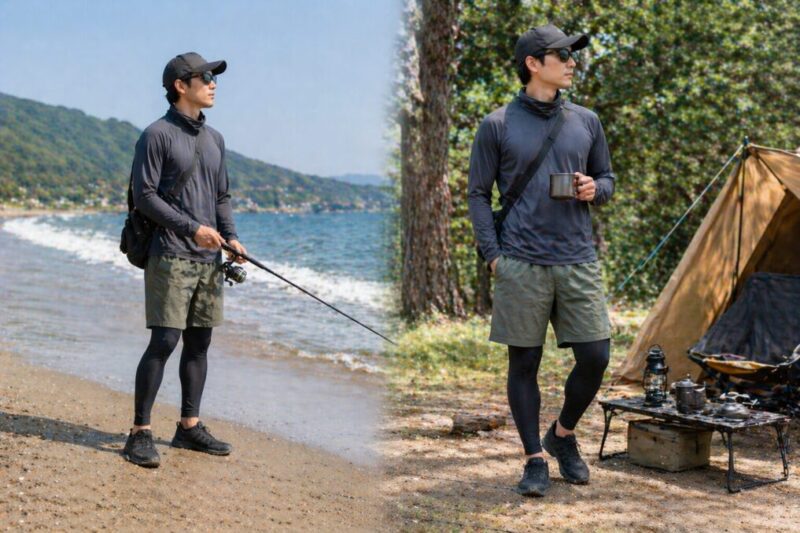 釣りだけでなくキャンプや散歩にも使いやすい着回しコーデ例。