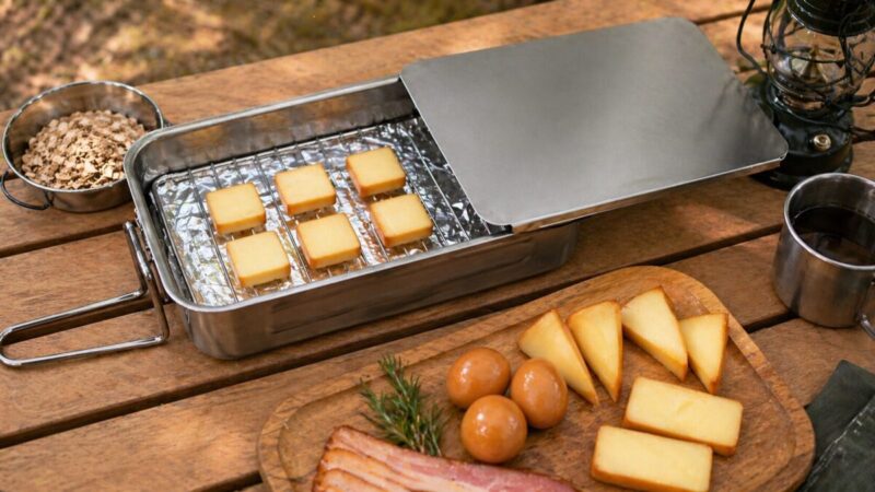アルミホイルの上で燻したチーズをキャンプ用プレートに盛り付けた様子