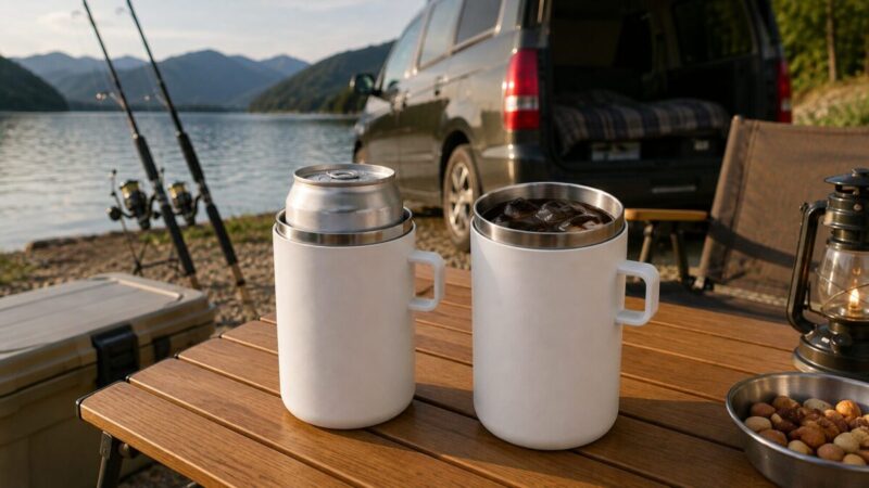 湖畔のキャンプと車中泊、釣りの場面で缶ホルダーとタンブラーを使用する様子