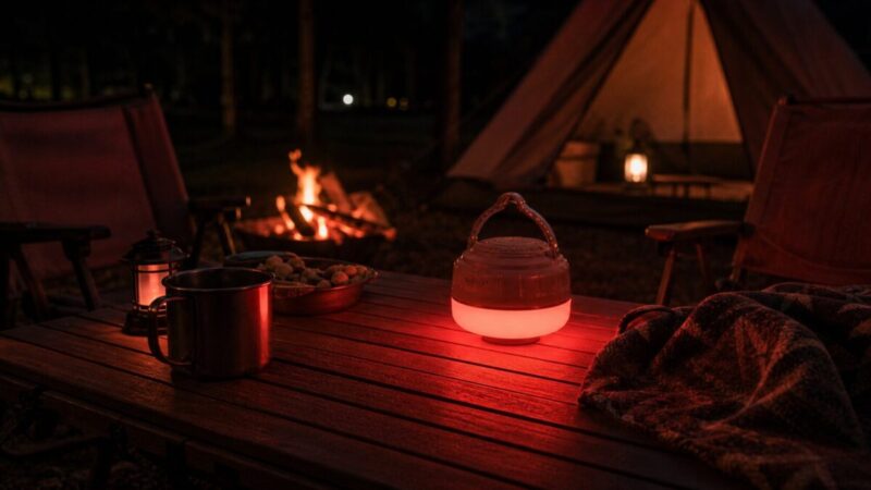 夜のキャンプで赤色モードのLEDランタンを常夜灯として使うイメージ