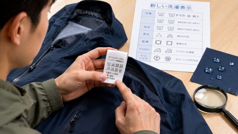 ネイビーのレインジャケットに付いた洗濯表示タグを確認し、水滴のはじき方を見比べる手元。