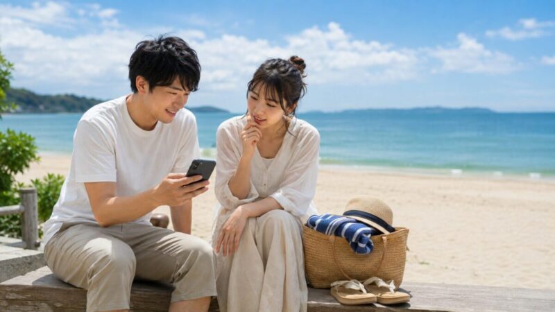 海辺でスマートフォンを見ながら泳ぐかどうか相談するカップル