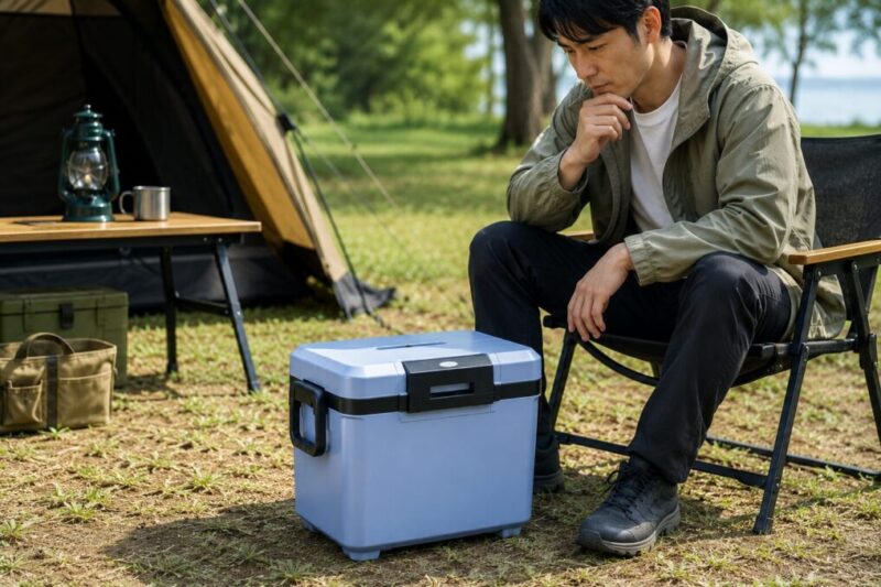 キャンプ場でクーラーボックスの横にアウトドアチェアを置き、椅子とクーラーを使い分けている様子。