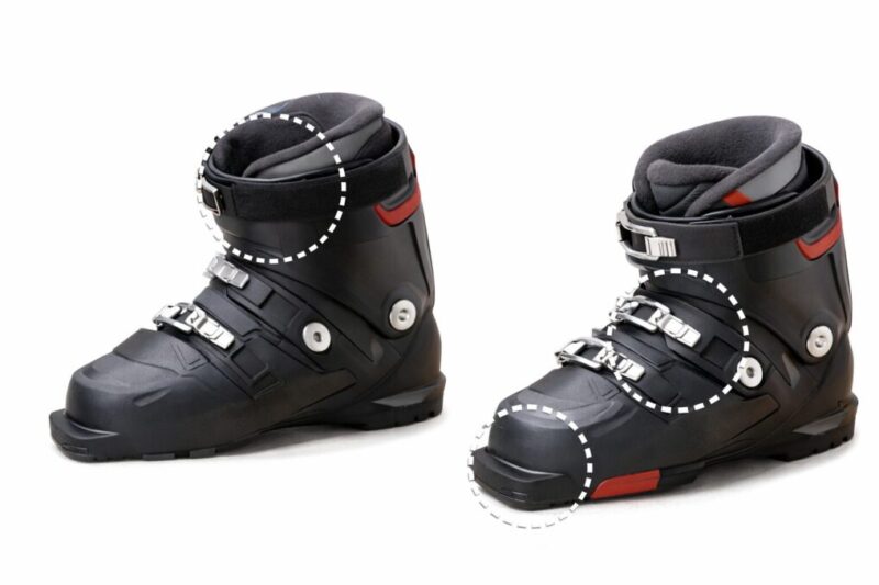 スキーブーツのバックルが閉まらない原因を位置別に確認している様子