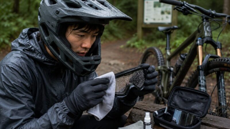 雨天走行後に水滴の付いたゴーグルを手入れするMTBライダー