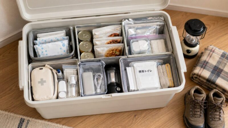 防災ボックスの中をポーチやケースで小分けし、非常食やライト、衛生用品を整理した収納イメージ