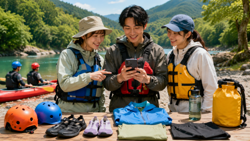 カヤック体験前にスマホの口コミと安全装備を確認する参加者