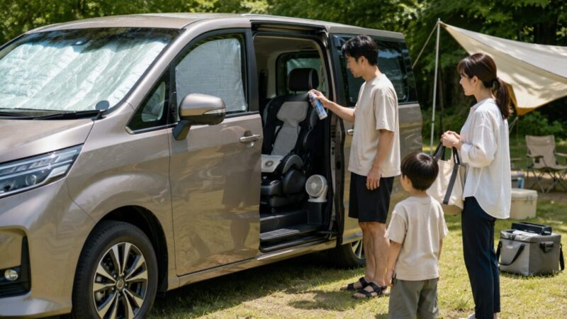 夏のキャンプ場でサンシェードと冷却スプレーと送風ファンを組み合わせる家族
