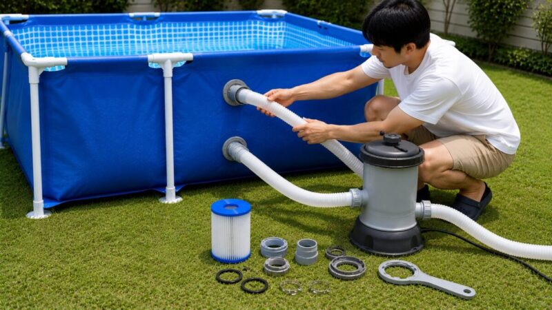 家庭用プールの吸水側と返水側を確認しながら循環ポンプのホースを接続する様子