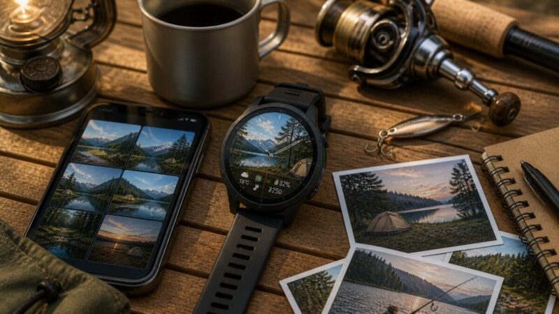 キャンプや釣りの写真を使ったスマートウォッチ文字盤のカスタム例