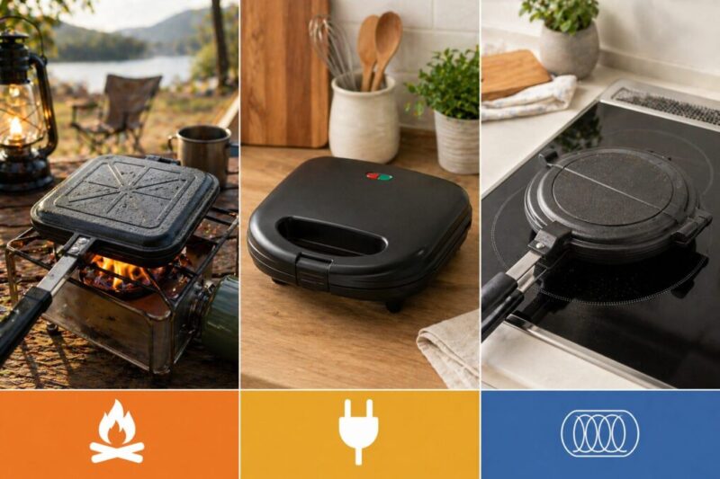 直火式と電気式とIH対応ホットサンドメーカーの違いを比較するイメージ