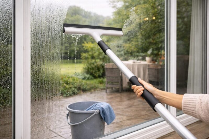 長い柄のワイパーで大きな窓の結露を一気に水切りしている様子