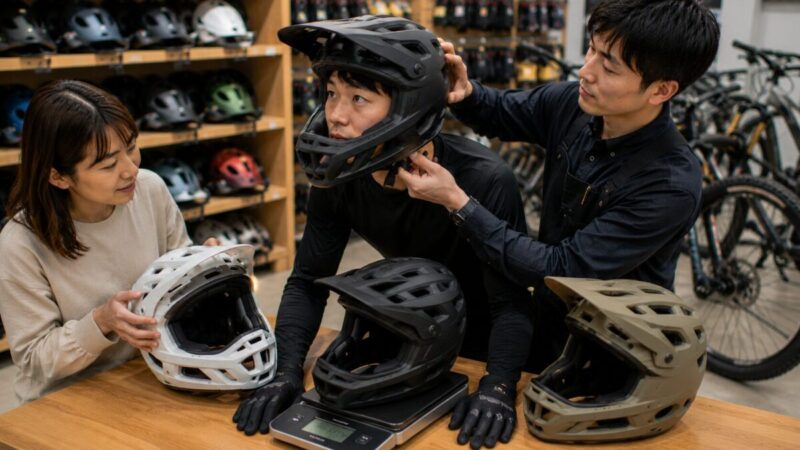 自転車用フルフェイスの視界とフィットを確認しながら重量を比較する様子