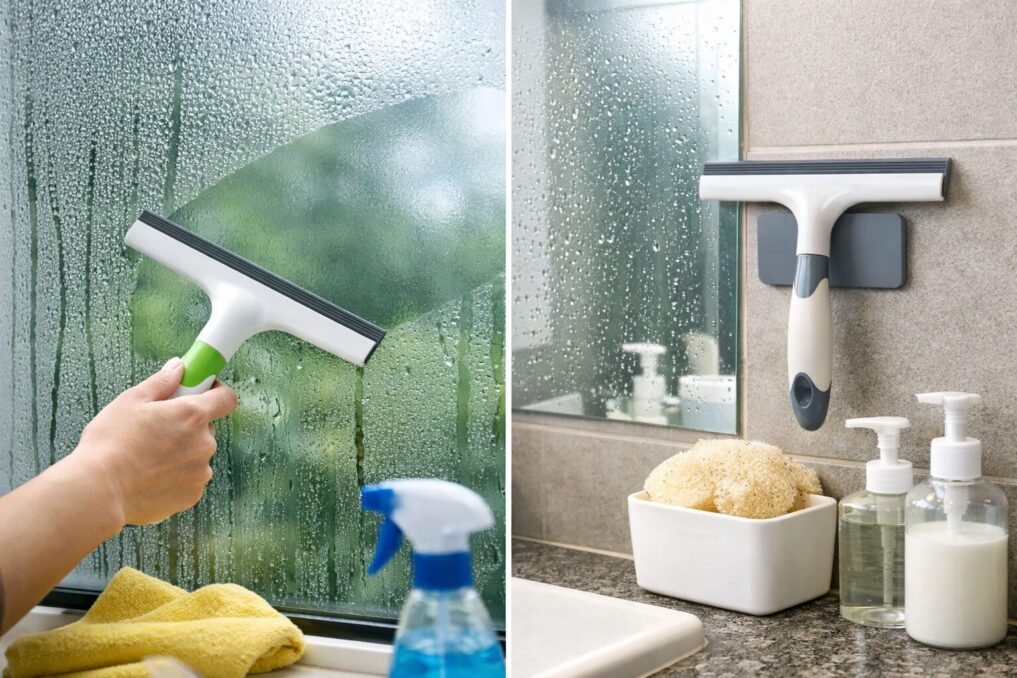 結露した窓を白いワイパーで水切りしている様子と、清潔感のある水まわりの雰囲気が伝わるイメージ