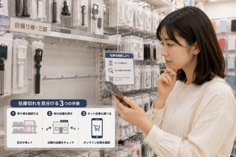 自撮り棒の在庫を確認しながら購入先を探す女性