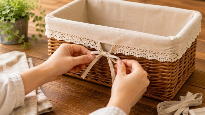 ラタンかごのふちに生成りの布を折り返し、ひもで結んで固定するDIYの手元。