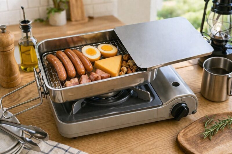 卓上ガスコンロに置いた角型ステンレス製ミニスモーカーで少量の食材を調理する様子