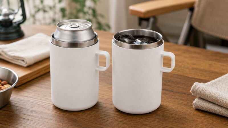 同じ真空断熱容器を缶ホルダーと飲み物を直接入れるタンブラーとして使い分ける様子