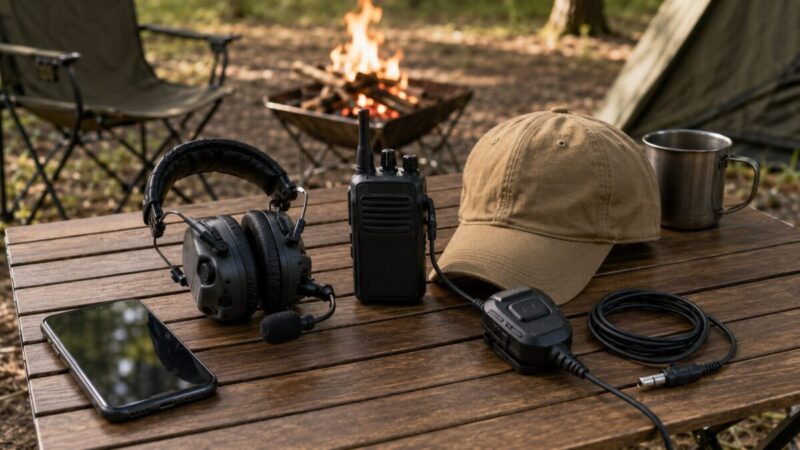 キャンプ場でスマホとBluetooth対応ヘッドセットと帽子を並べた外遊び装備