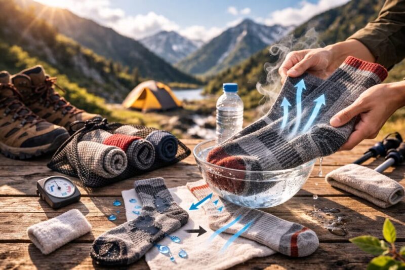 登山の休憩中に靴下の状態を確かめ、通気性や乾きやすさを意識している様子