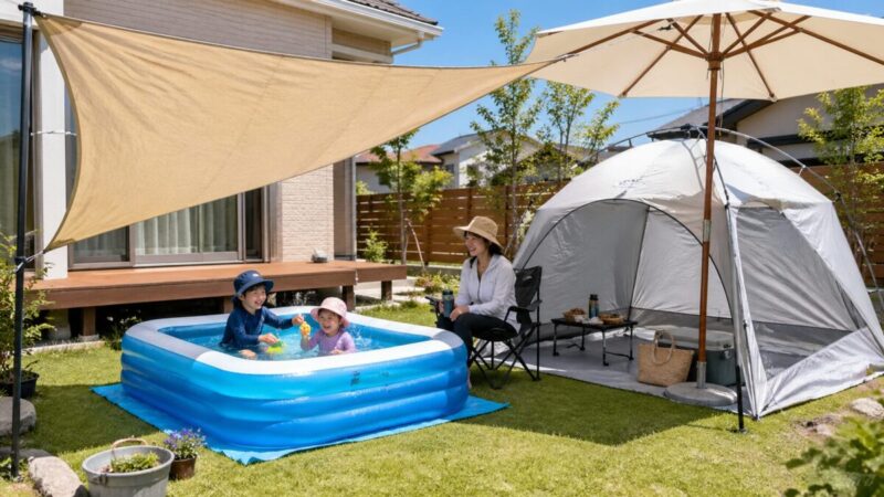 ワンタッチサンシェードと家庭用プールを庭に設置した簡単日除け対策